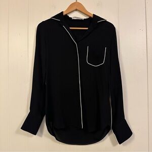 Valentino black silk Button-Up Top with White Piping size 6